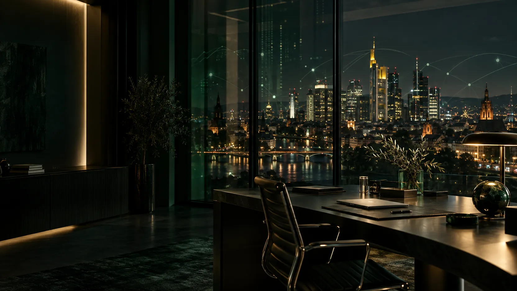 Elegantes Büro bei Nacht mit Blick auf die beleuchtete Skyline von Frankfurt